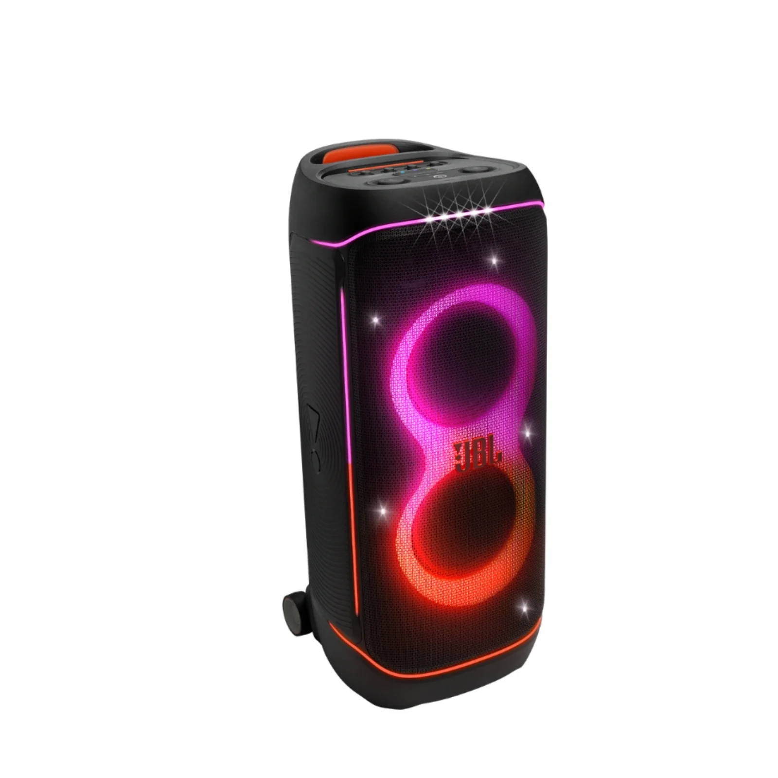 Bocina para fiestas PartyBox 720 negra con aros de luz LED encendidos